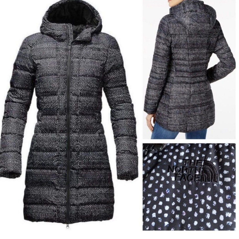 The North Face Womens Gotham Jacket Hooded TNF Black Donegal Print. Size SP.